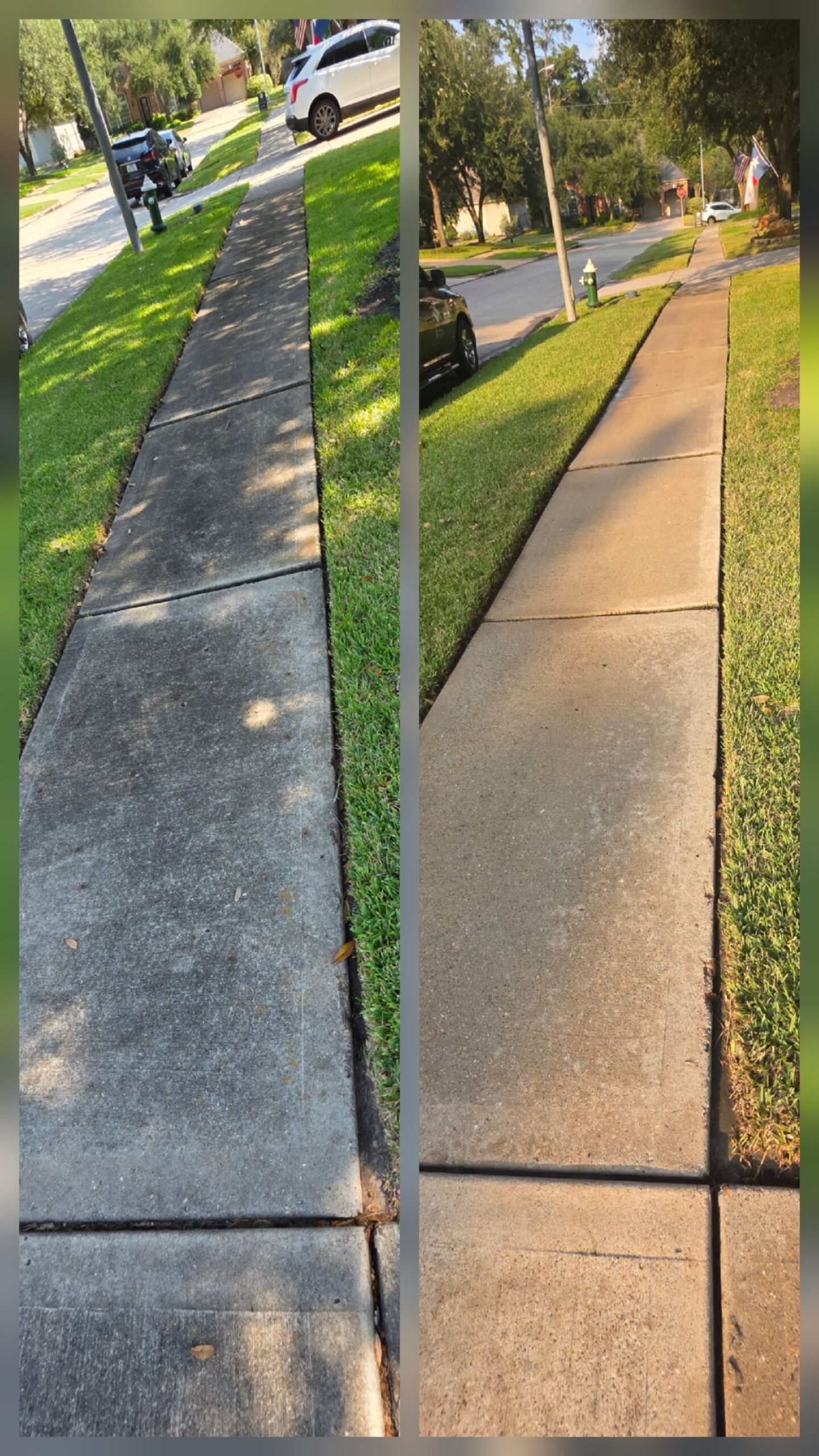 Before and after residential sidewalk pressure washing showing removal of dirt and discoloration