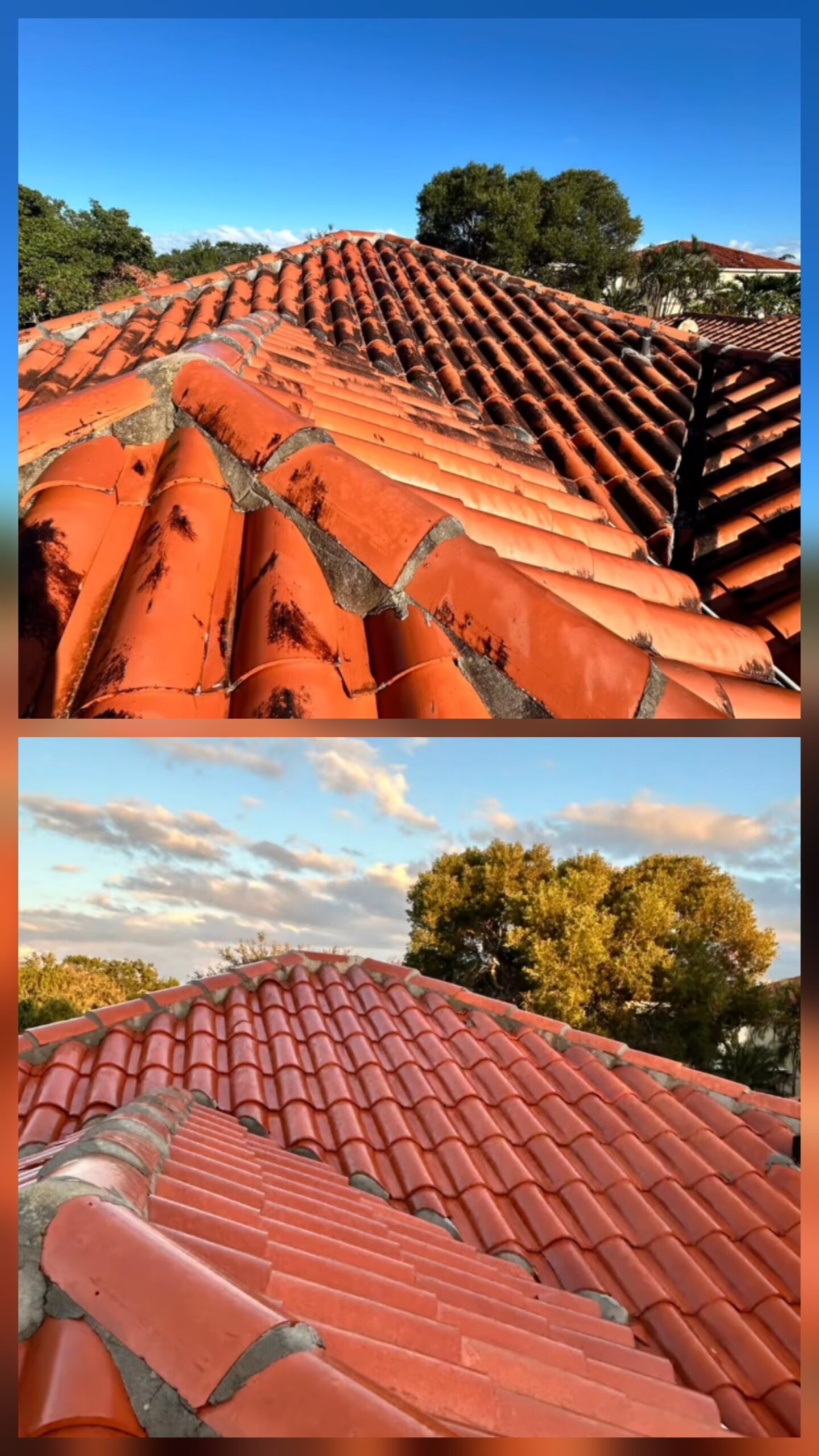 Before and after red tile roof cleaning showing removal of surface discoloration.