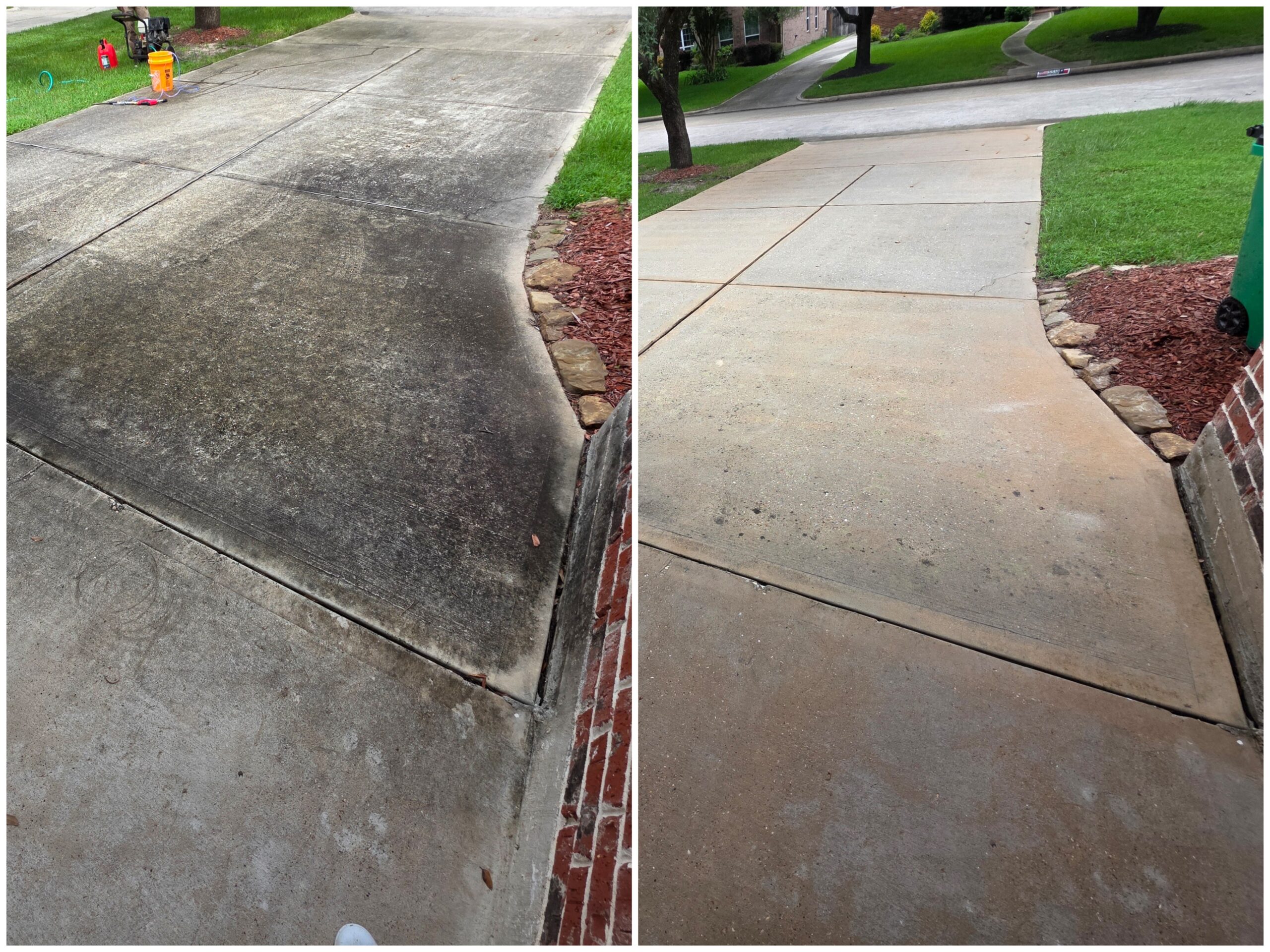 Before and after concrete driveway cleaning showing removal of dark surface stains.