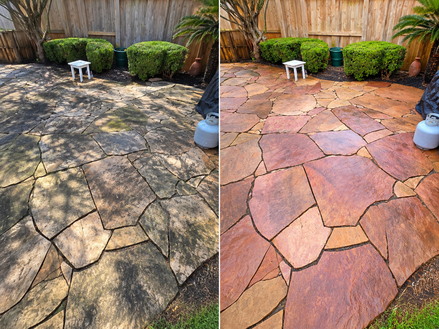 Before and after cleaning of a natural stone backyard patio with visible surface discoloration removed.