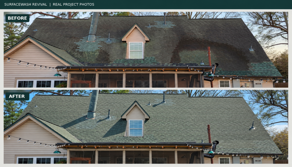 Before and after roof soft washing showing removal of dark stains from asphalt shingles