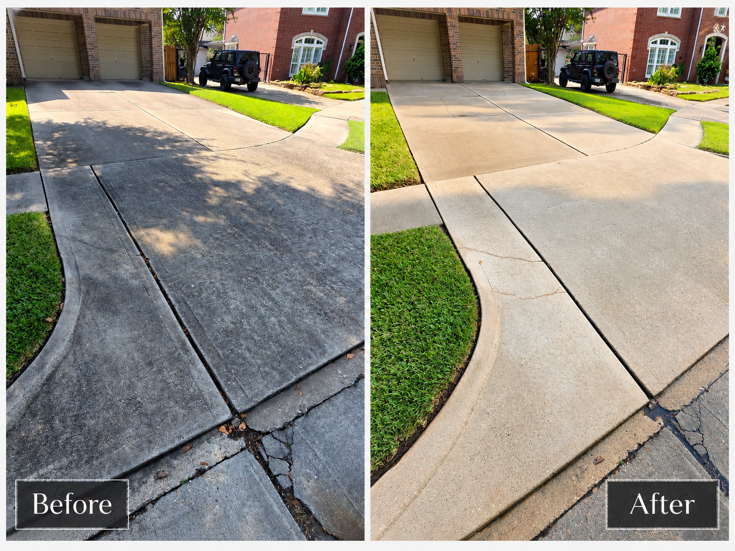 Residential concrete driveway before and after professional surface cleaning.