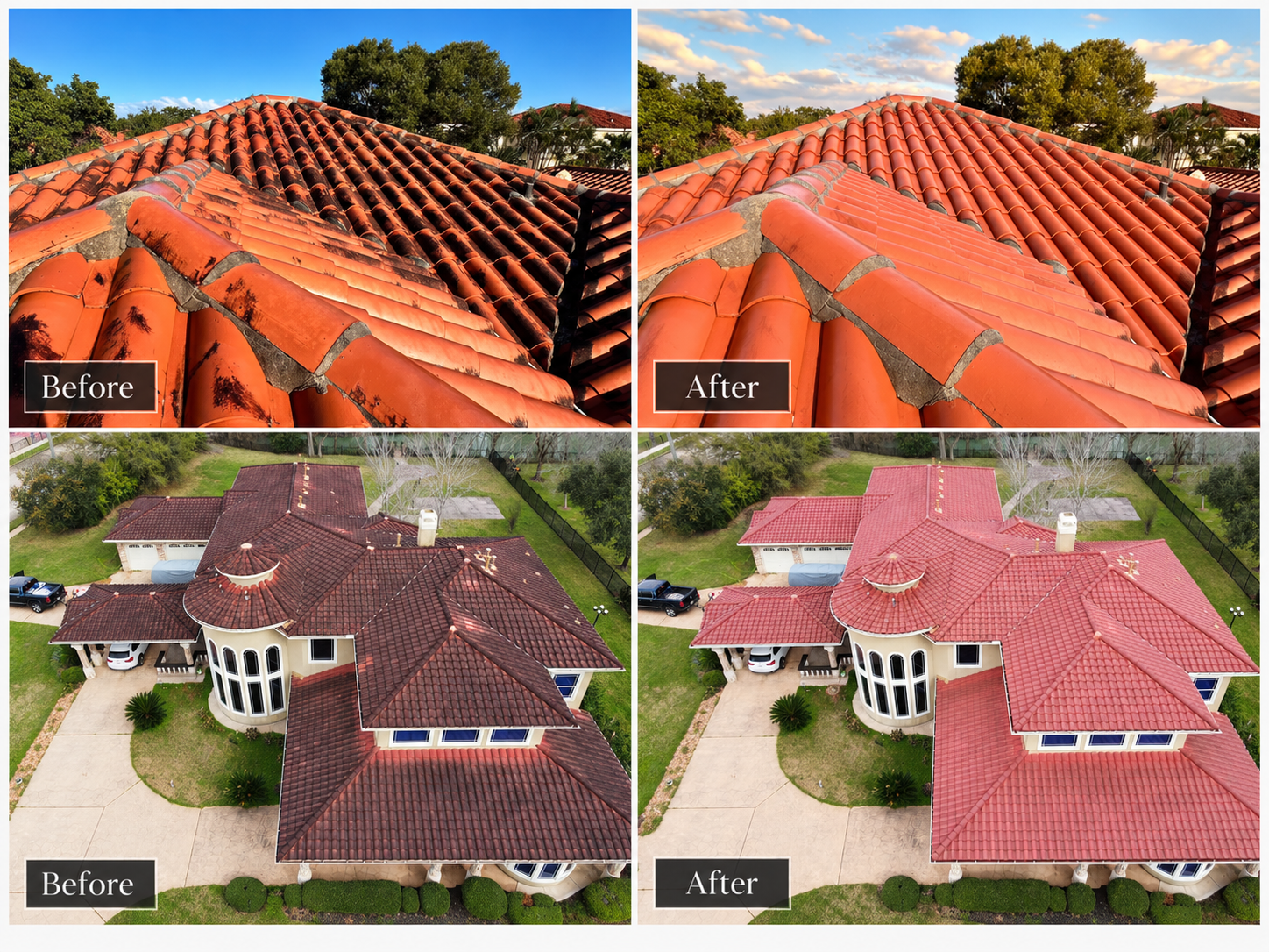 Before and after roof cleaning showing restored appearance of red tile roofing.