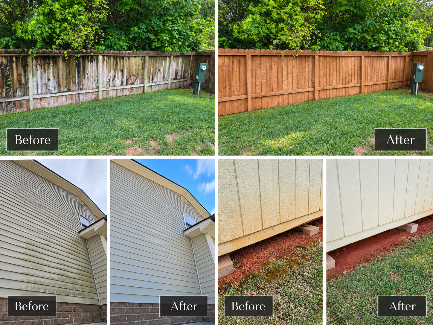 Before and after photos of wooden fence restoration and exterior house siding cleaning.