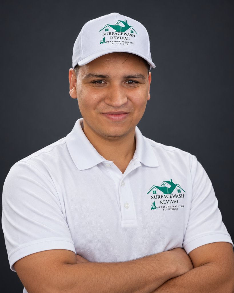 Portrait of Norverto Avelar, founder of SurfaceWash Revival, wearing a white company polo and cap.