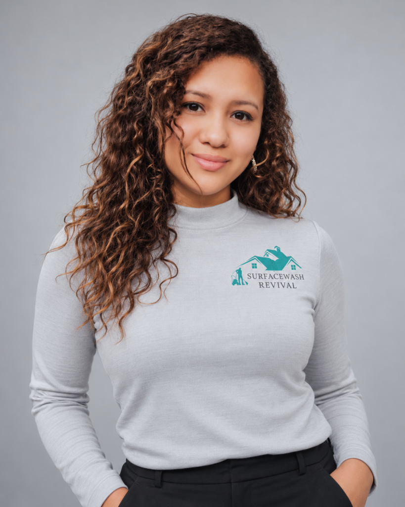 Portrait of Alexia Salazar from the SurfaceWash Revival operations team wearing a light gray branded shirt.