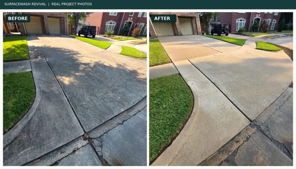 Before and after concrete driveway pressure washing showing removal of accumulated dirt