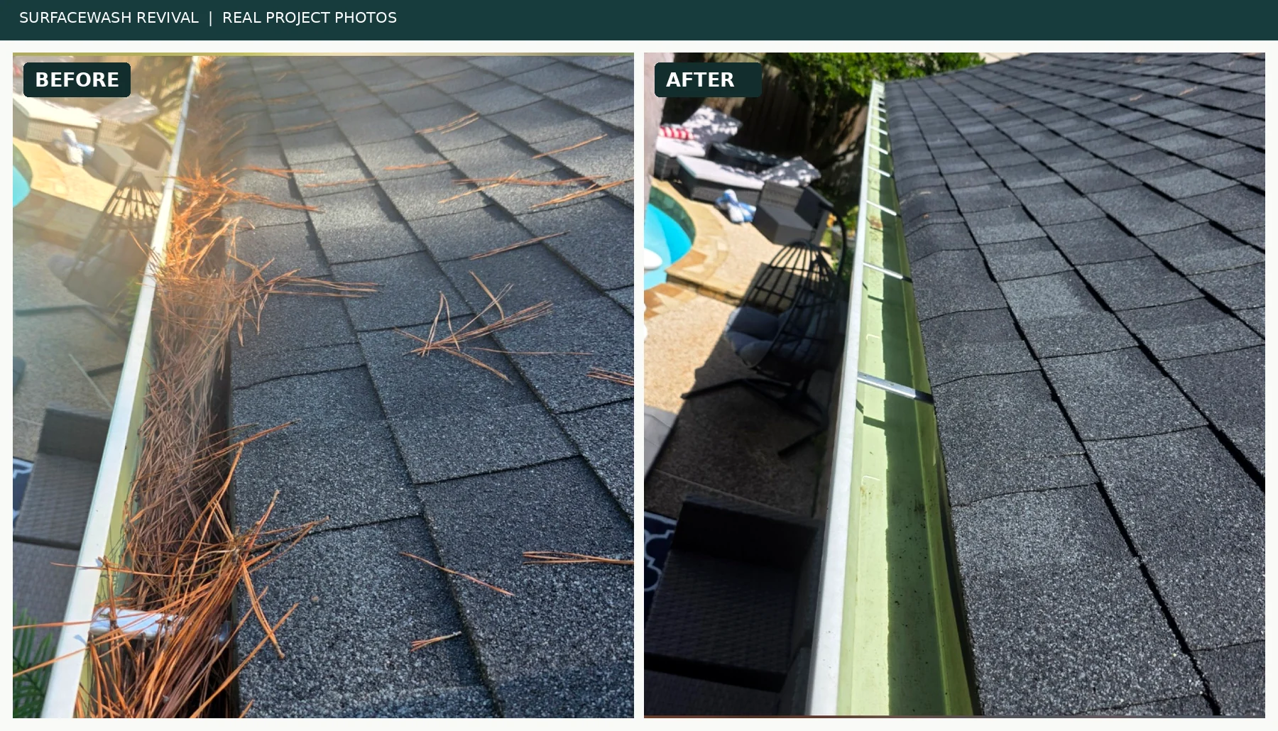 Before and after roof and gutter cleaning showing removal of accumulated debris.