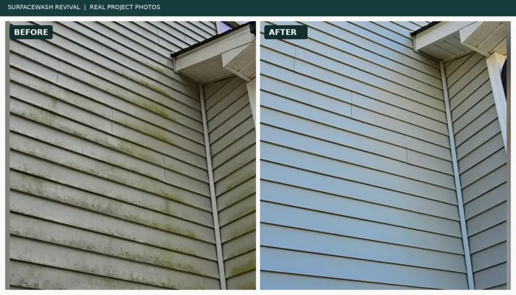 Before and after house washing showing algae removal from residential vinyl siding