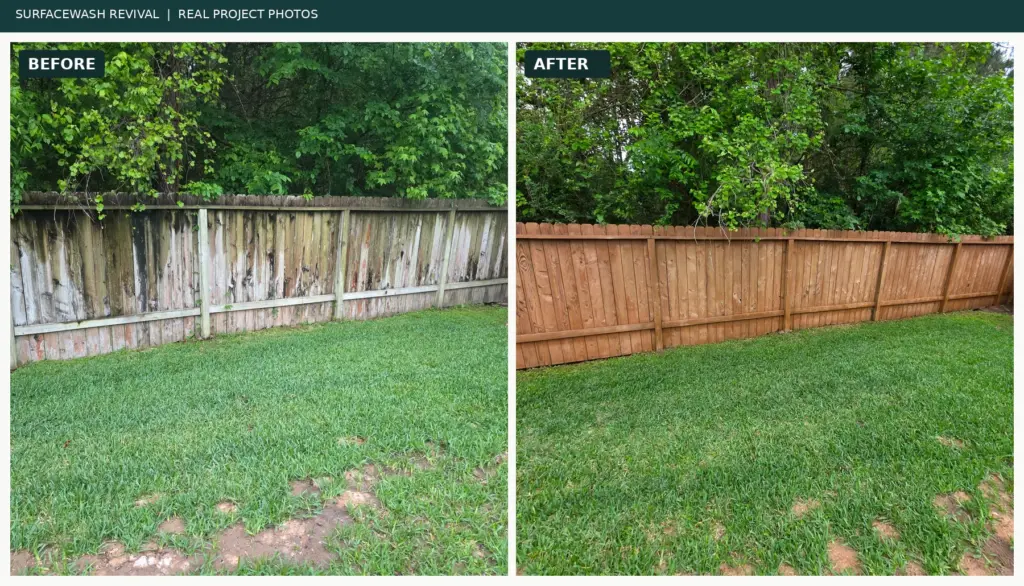 Before and after wooden fence cleaning and restoration showing improved wood appearance